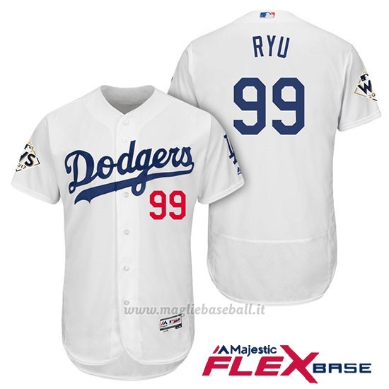Maglia Baseball Uomo Los Angeles Dodgers 2017 World Series Hyun Jin Ryu Bianco Flex Base